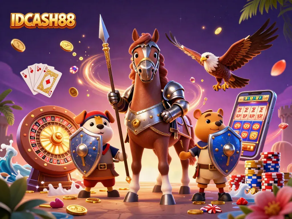 Experience IDCASH88's thrilling gaming scene featuring a knight and his companions in a dynamic casino environment.