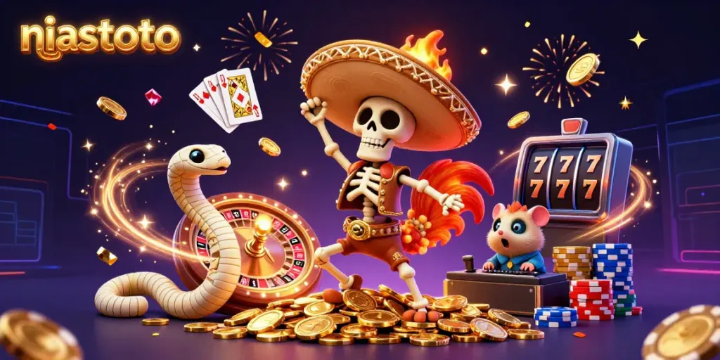 NIASTOTO's vibrant 3D carnival scene showcases a skeleton mariachi rooster celebrating amidst cascading coins and a lively casino atmosphere.