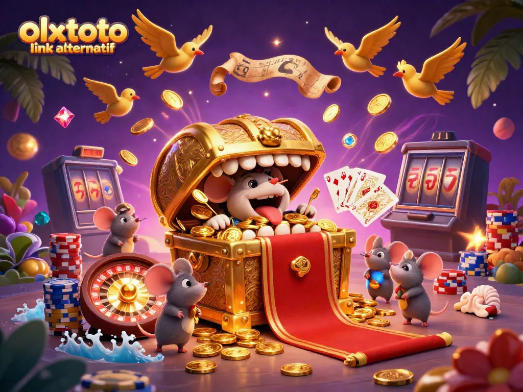 Engage with the olxtoto link alternatif as a treasure chest lures adventurer mice amidst golden riches and vibrant casino elements.
