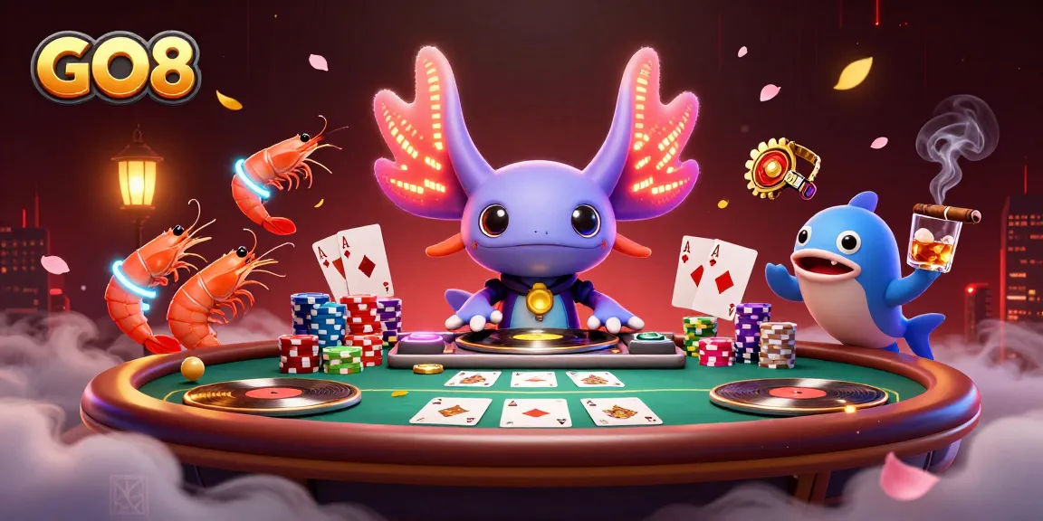 Engage with GO8's vibrant casino scene featuring a DJ axolotl, poker elements, and energetic marine dancers.