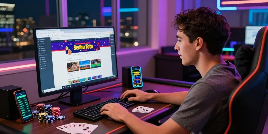 Engaged player enjoying Seribu Toto online gaming experience with vibrant setup.