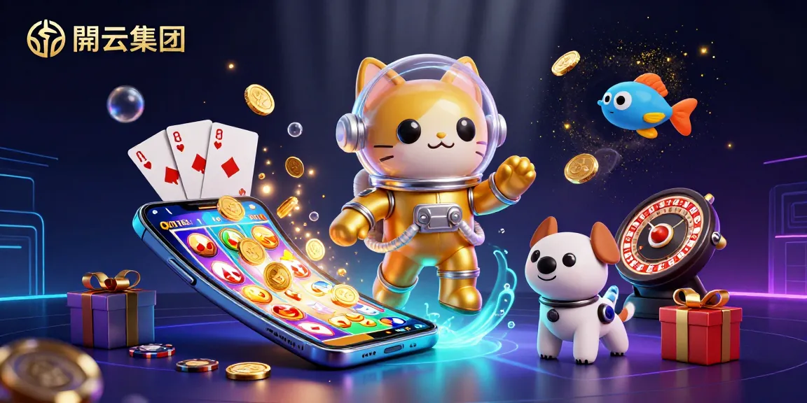 在这个丰富的插画中，开云集团展示了一只金色太空装的猫宇航员和它的机器狗伙伴，并包含各种赌博元素，吸引玩家攫取奖品。