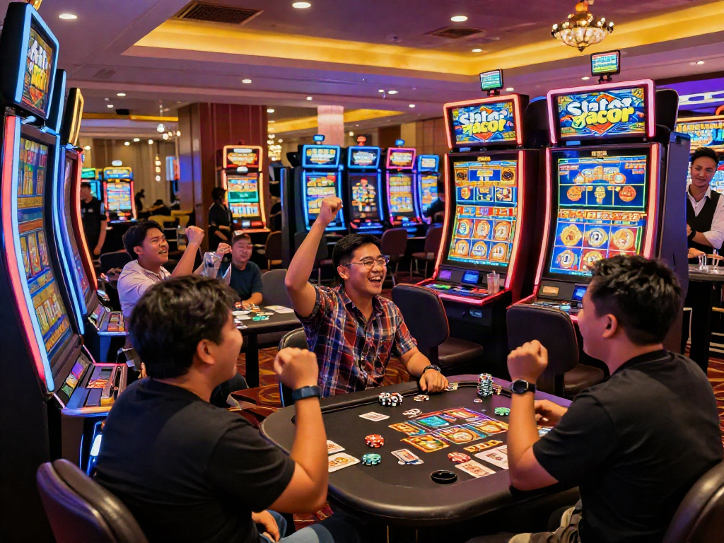 Pemain merayakan kemenangan di mesin Slot gacor dalam suasana kasino yang meriah.