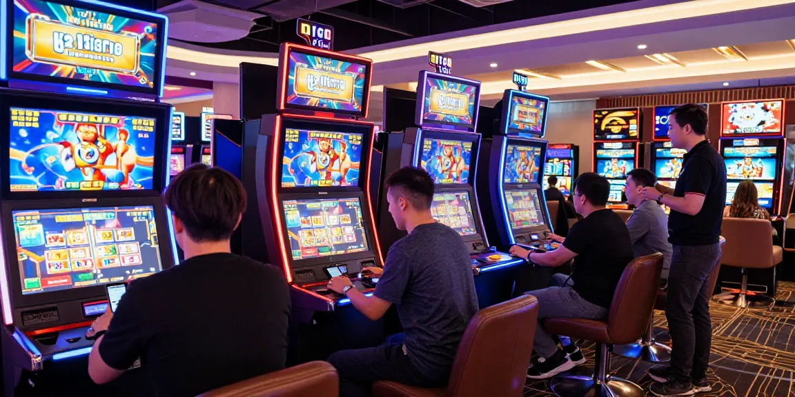 Players enjoying slot games at a digital casino with vibrant graphics.