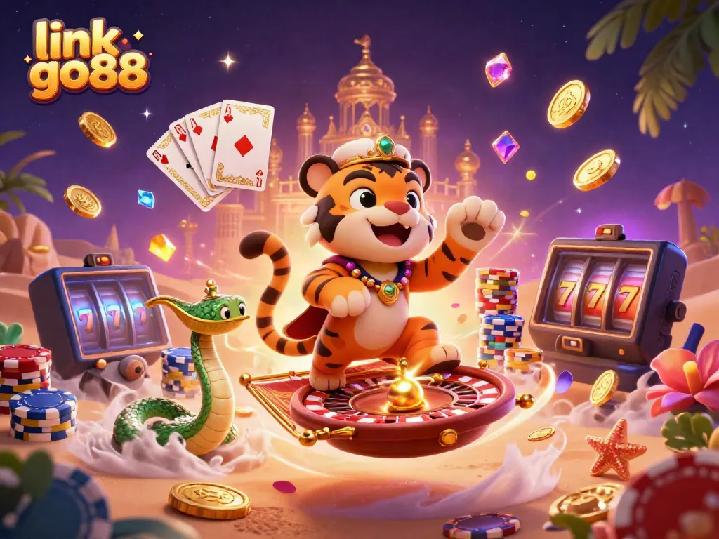 Engaging illustration of link go88 featuring a tiger sultan, coins, and casino elements in vibrant colors.