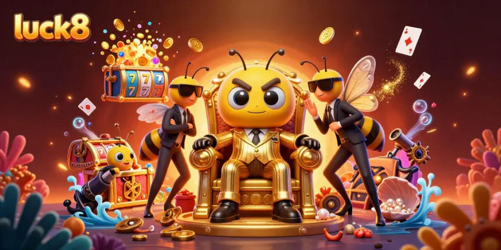 Experience winning excitement at luck8 with a vibrant 3D casino illustration packed with games and treasures.
