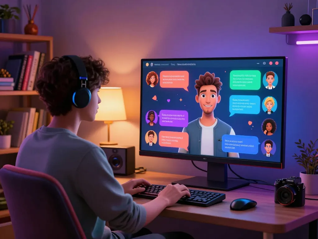Interactive user engaging in NSFW AI chat with vibrant avatars and cozy atmosphere.