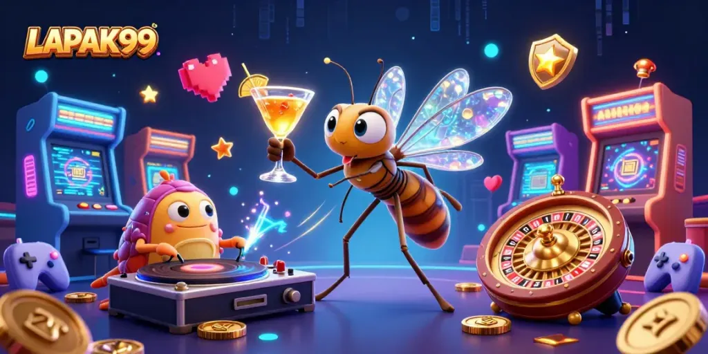 LAPAK99 offers a vibrant casino experience with a unique cartoon scene involving a mosquito mascot and DJ.