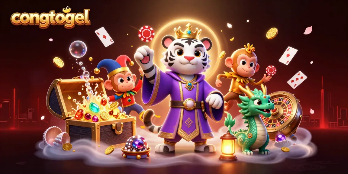 Engage with congtogel's dynamic 3D casino scene featuring a stylish tiger, monkey, and mesmerizing game elements.