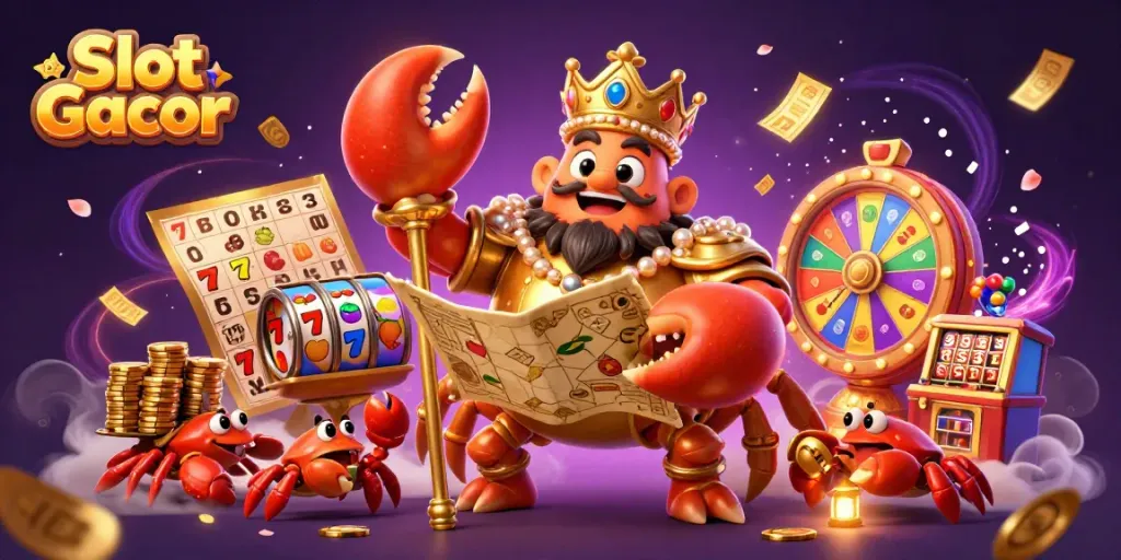 Pemain meraih kemenangan besar di dunia Slot Gacor dengan simbol jackpot dan keripik emas mengelilingi karakter