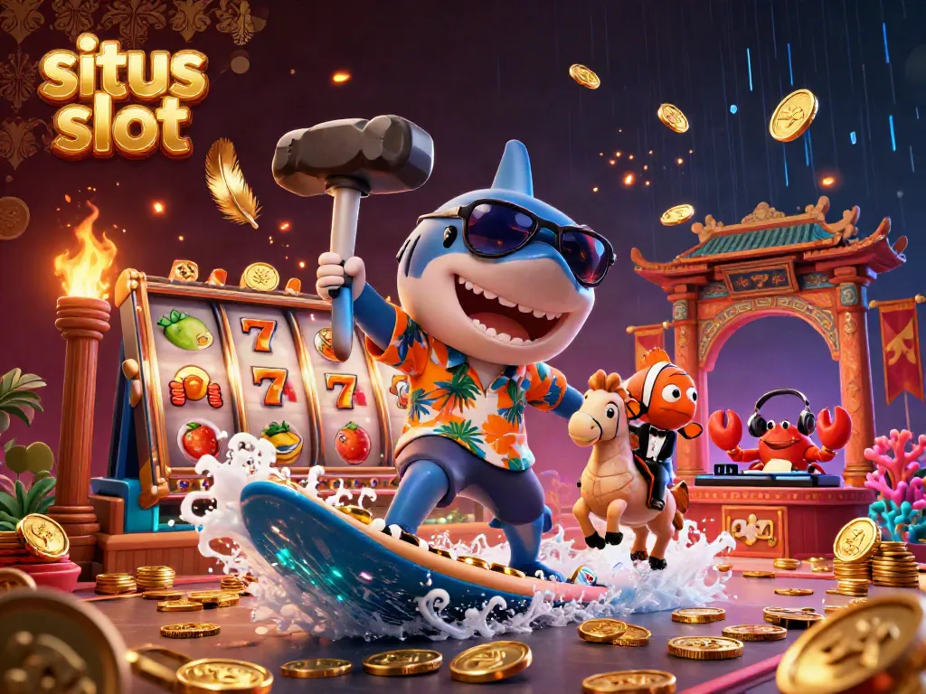 Splash into the excitement of situs slot with a shark surfing on gold coins, surrounded by vibrant casino elements.