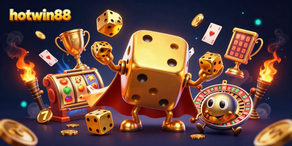 Permainan jackpot dengan hotwin88, menampilkan golem dadu emas dan elemen kasino menarik lainnya.