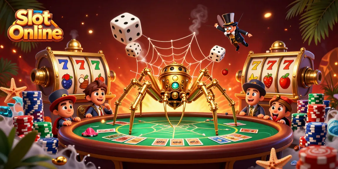 Experience Slot Online excitement with a golden spider in a steampunk casino, capturing playful dice.