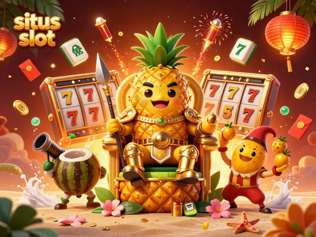 Situs slot gacor menampilkan raja nanas emas dengan pengawal kelapa, serta elemen permainan jackpot.