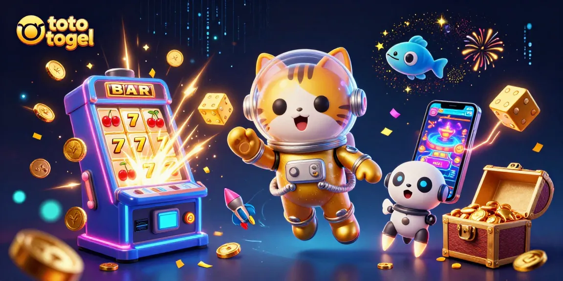 Engage with toto togel in a vibrant casino adventure featuring a space cat and a robot dog.