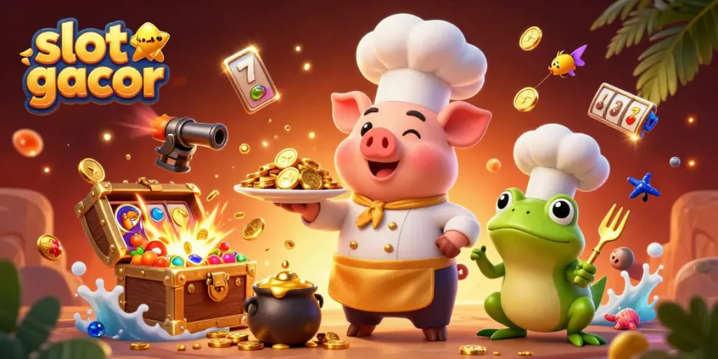Engage with vivid slot gacor gameplay featuring a chef pig serving gold coins amidst dynamic casino elements.