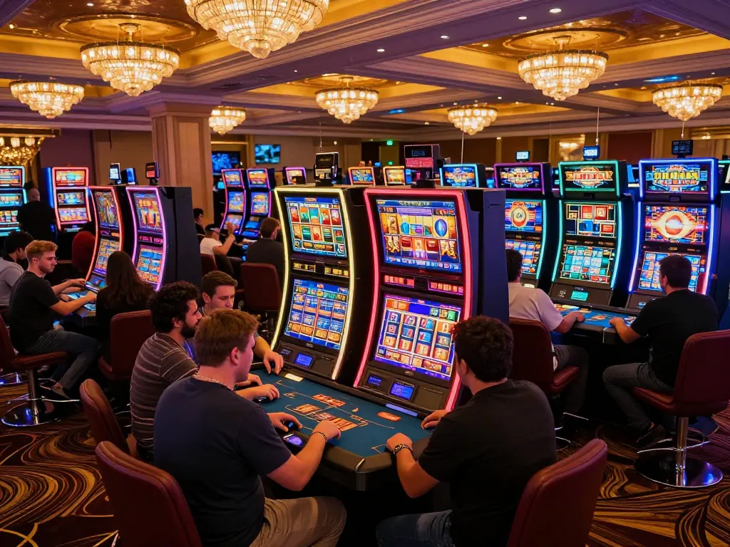 Pemain menikmati putaran menarik di situs slot777 dengan mesin slot yang cerah menunjukkan kemenangan dalam suasana kasino yang ramai