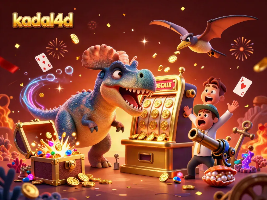Kadal4d slots come alive with a pachycephalosaurus winning big at the slot machine, as coins rain down.