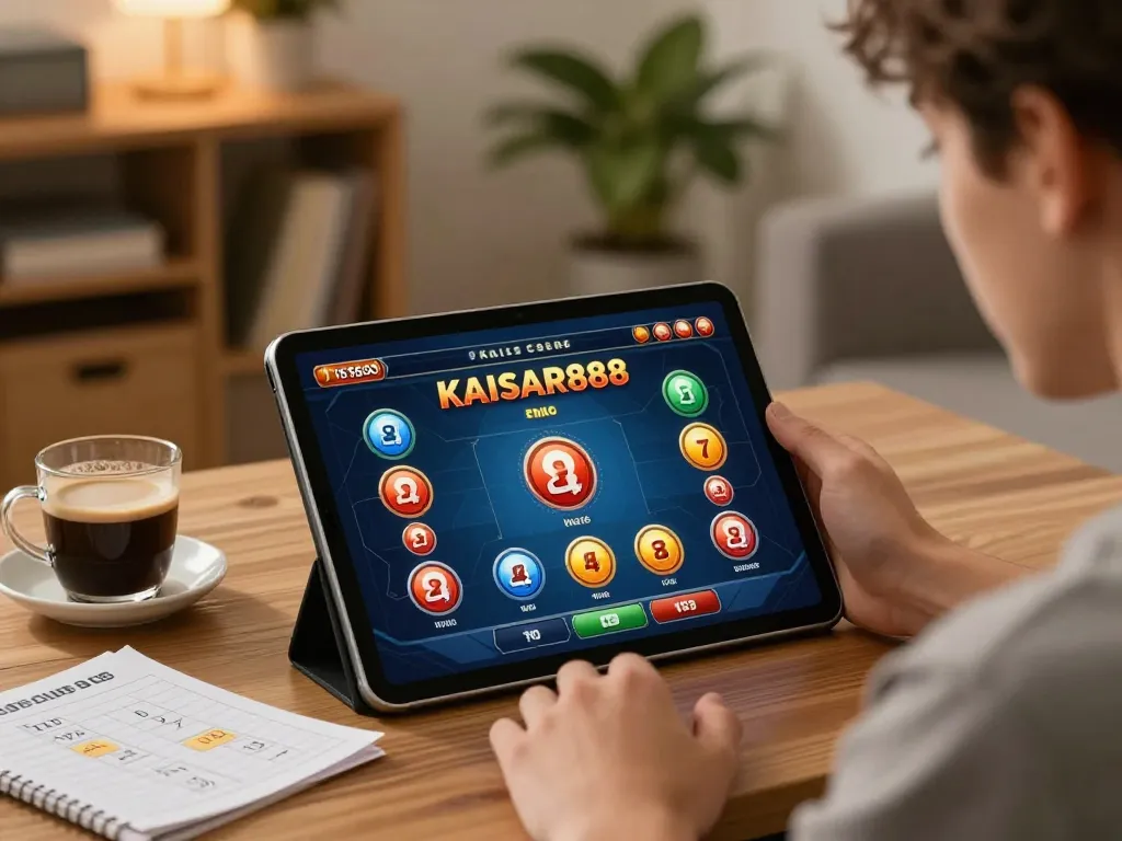 Kaisar 888 online gaming experience on tablet in a cozy home environment.