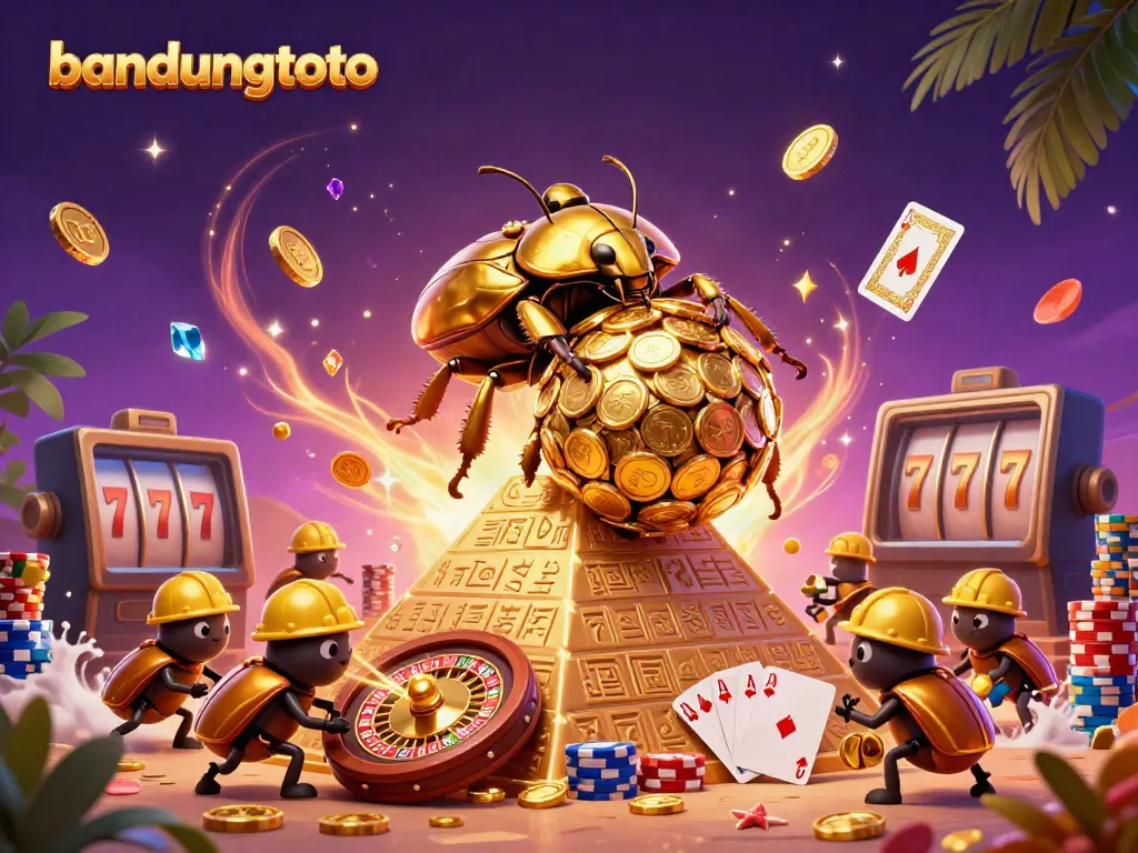 Experience the excitement of bandungtoto with cartoon beetles rolling golden coins in a vibrant casino scene.