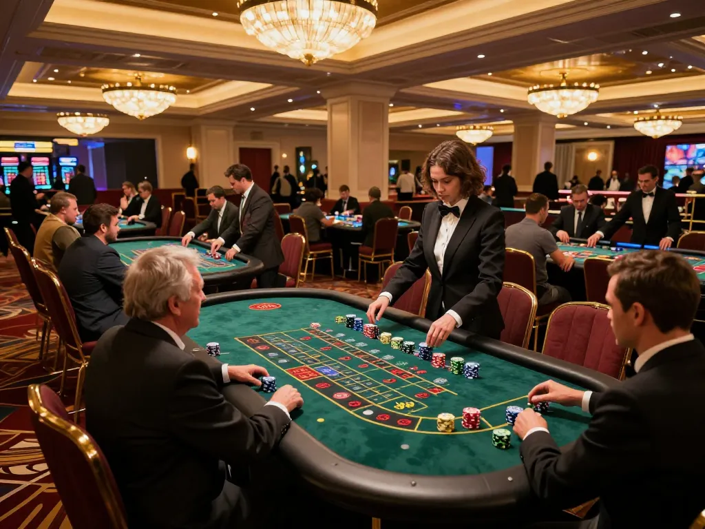 Experience qqmobil excitement with players cheering at roulette table surrounded by vibrant casino ambiance