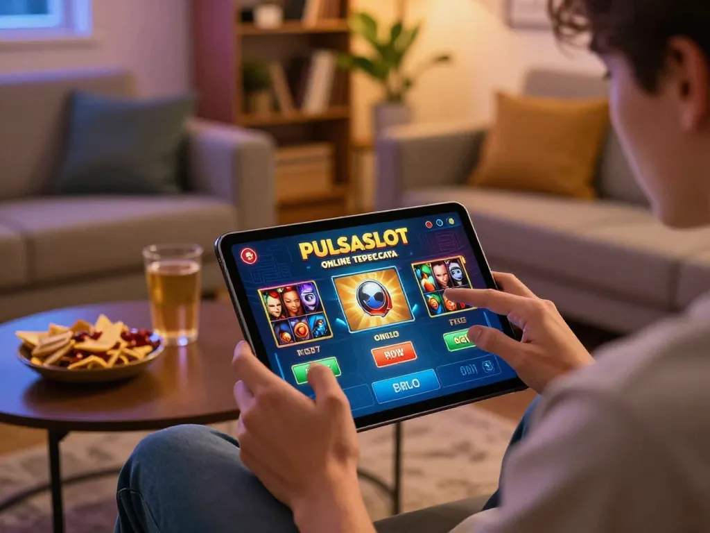 PULSASLOT SLOT ONLINE TERPERCAYA gaming moment with player engaged on tablet in cozy home setting