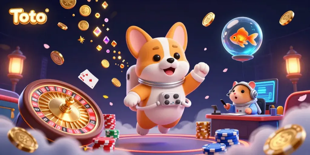 Permainan Toto yang seru dengan corgi astronaut mengapung di kasino luar angkasa, melibatkan koin emas dan jeton poker.