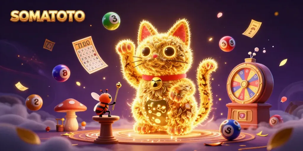 SOMATOTO showcases a vibrant gaming scene featuring a golden lucky cat, lottery elements, and dynamic symbols.