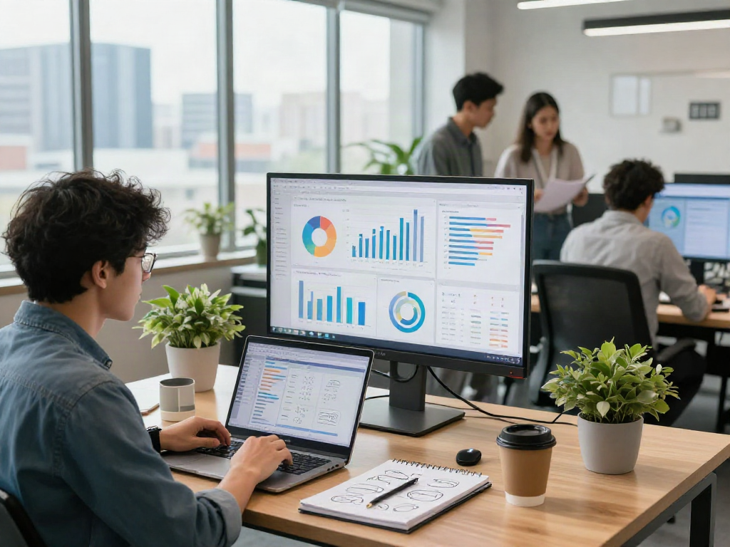Analisis kinerja yumetoto link dalam suasana kantor modern dengan profesional muda.