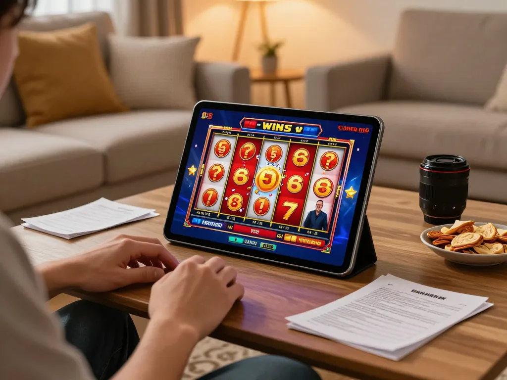 Pemain menikmati sesi permainan slot88 di tablet di ruang tamu yang nyaman, merayakan kemenangan jackpot.