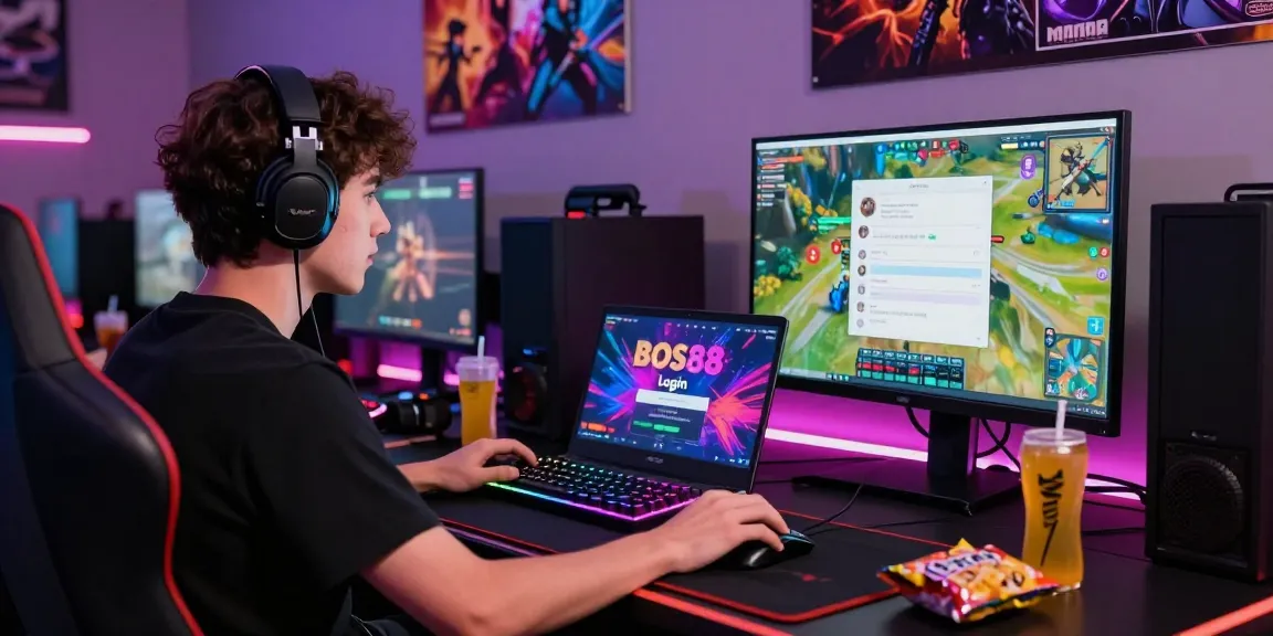 Login BOS88 di lingkungan gaming online, pria muda fokus pada laptop dengan pencahayaan neon.