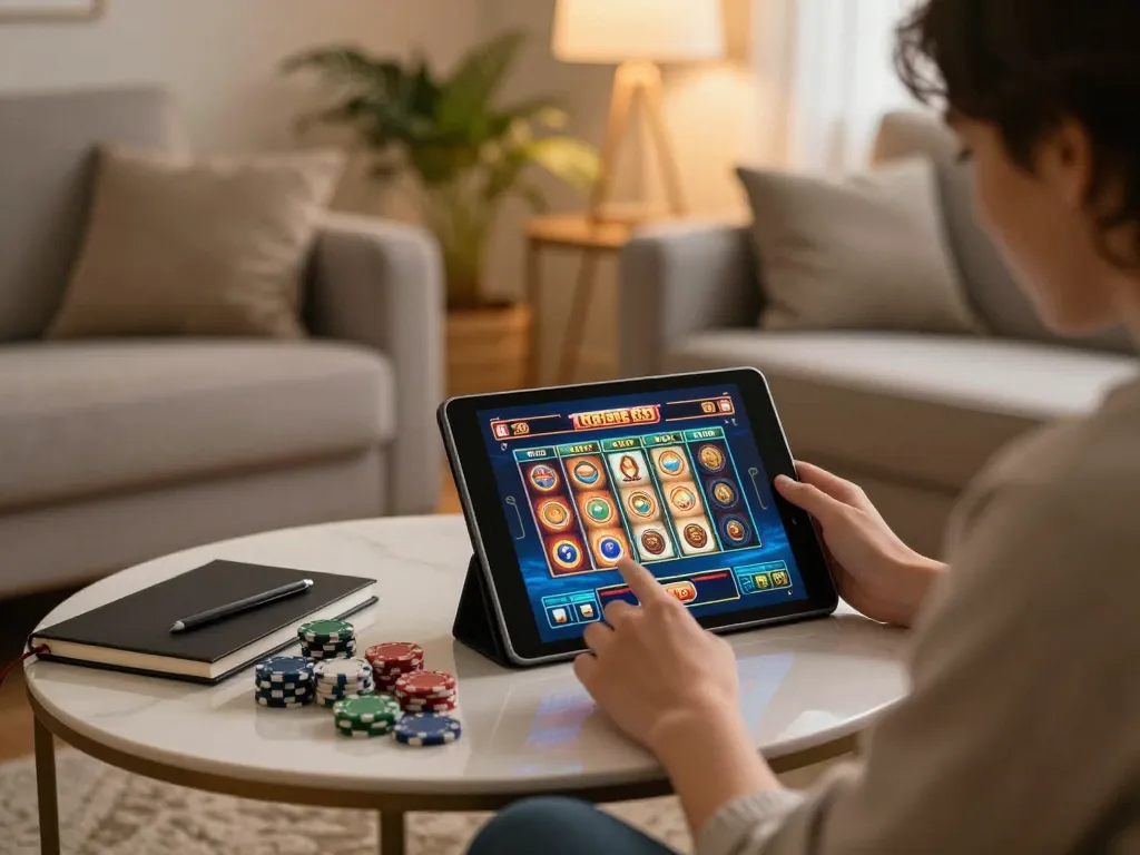 Engaging player using tablet for slot88 while enjoying a cozy home atmosphere.