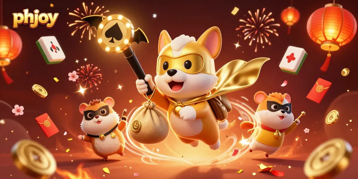 phjoy gamers celebrate with a superhero dog and sidekick in a vibrant casino setting