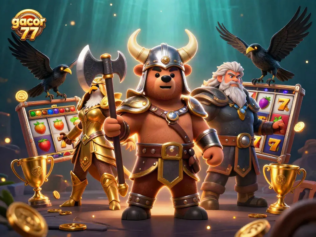Visual menarik dengan karakter gacor 77 di kasino, menampilkan beruang Viking dan elang Valkyrie.