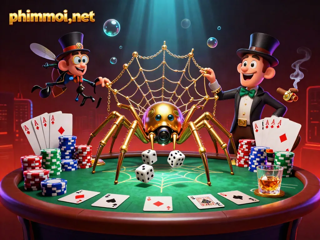 Engage in poker excitement at phimmoi.,net with golden spider and Victorian gentleman illustration.
