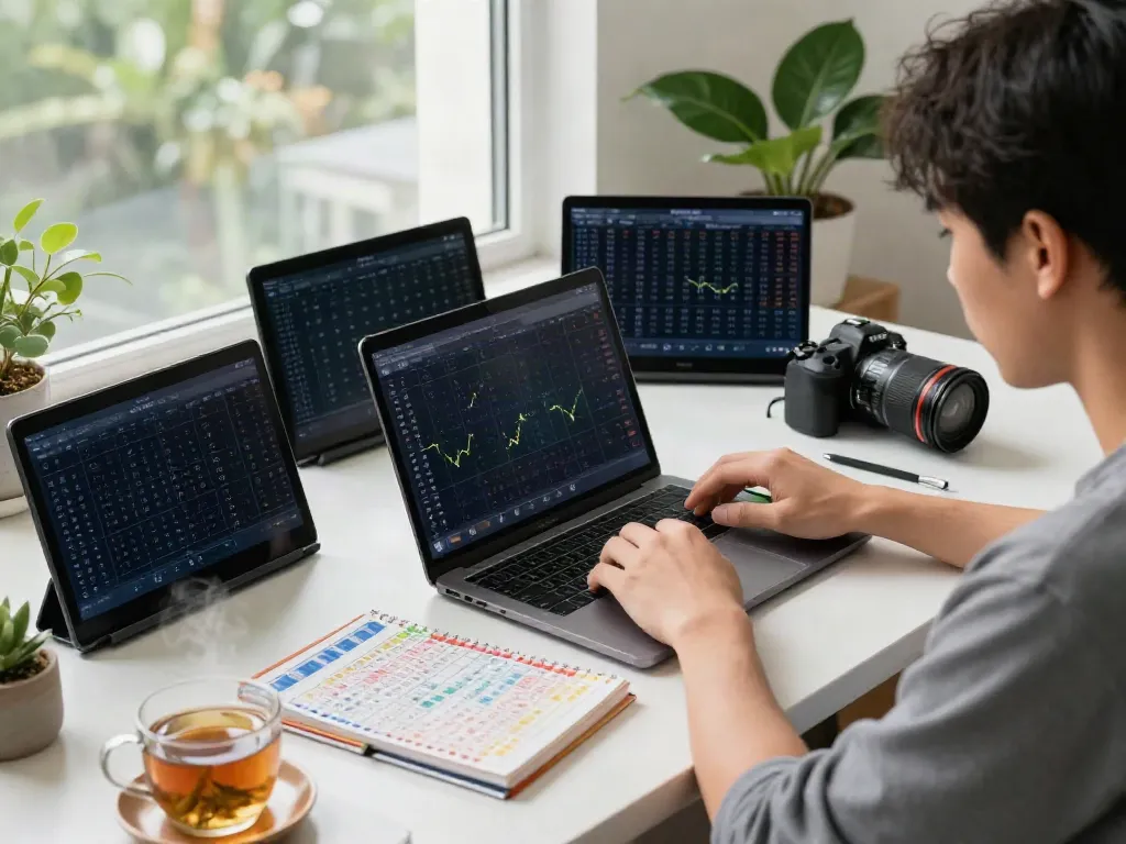 Person engaging with rajabandot data analysis in vibrant home office.