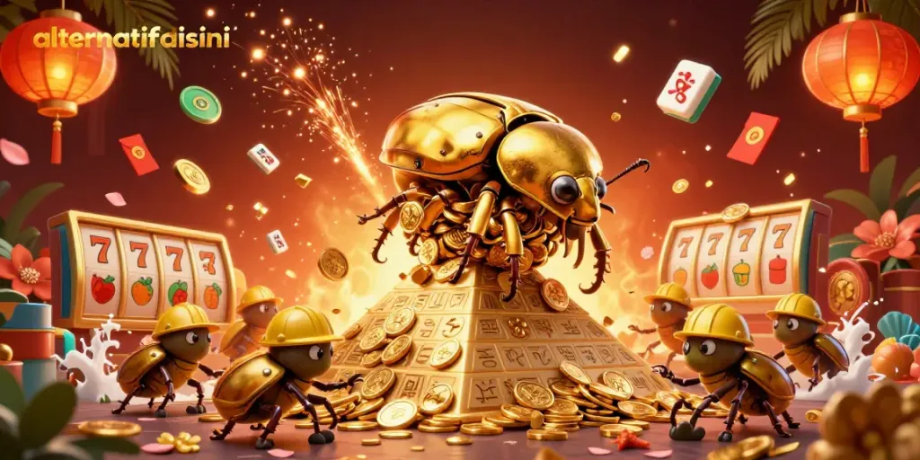 Experience thrilling action on alternatifdisini with golden beetles and slot symbols in this vibrant casino illustration.