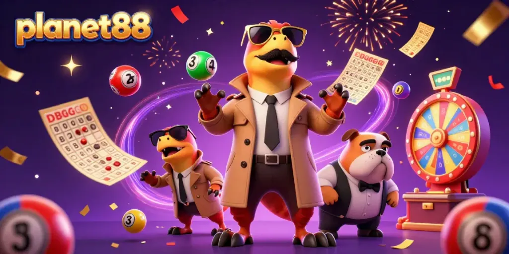 Experience exciting gaming action at planet88 with three raptors in a trench coat entering a casino, surrounded by colorful lottery balls.