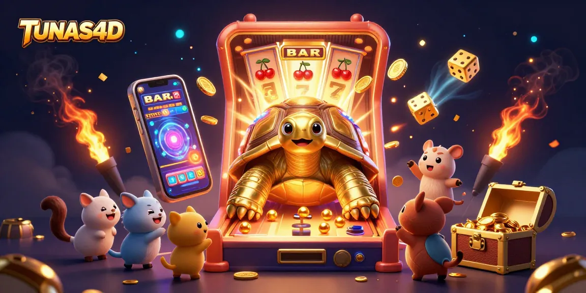 TUNAS4D players enjoy vibrant casino action with a colossal tortoise pinball machine amidst dazzling game elements.