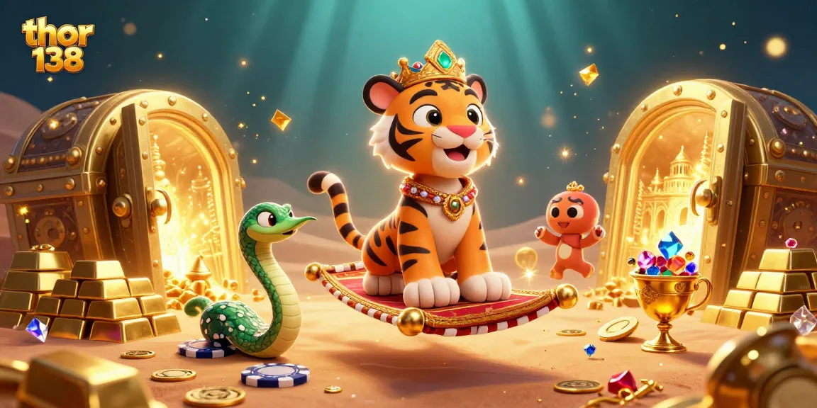 Thor 138 menampilkan sultan harimau di atas karpet poker, dikelilingi harta karun kasino.