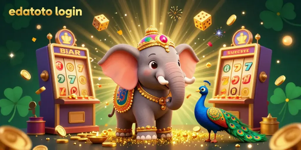 Login edatoto dengan elefant berhiaskan dekorasi emas dan simbol jackpot dari mesin slot.