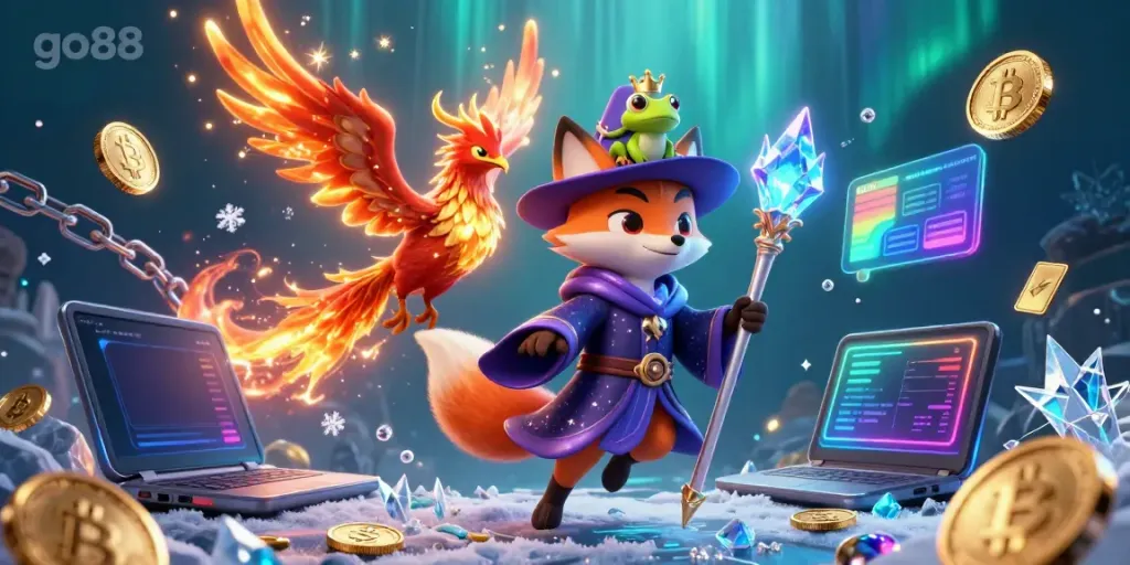 Experience go88's vibrant casino magic with a mystical fox wizard, phoenix, and enchanted frog in a 3D gaming scene.