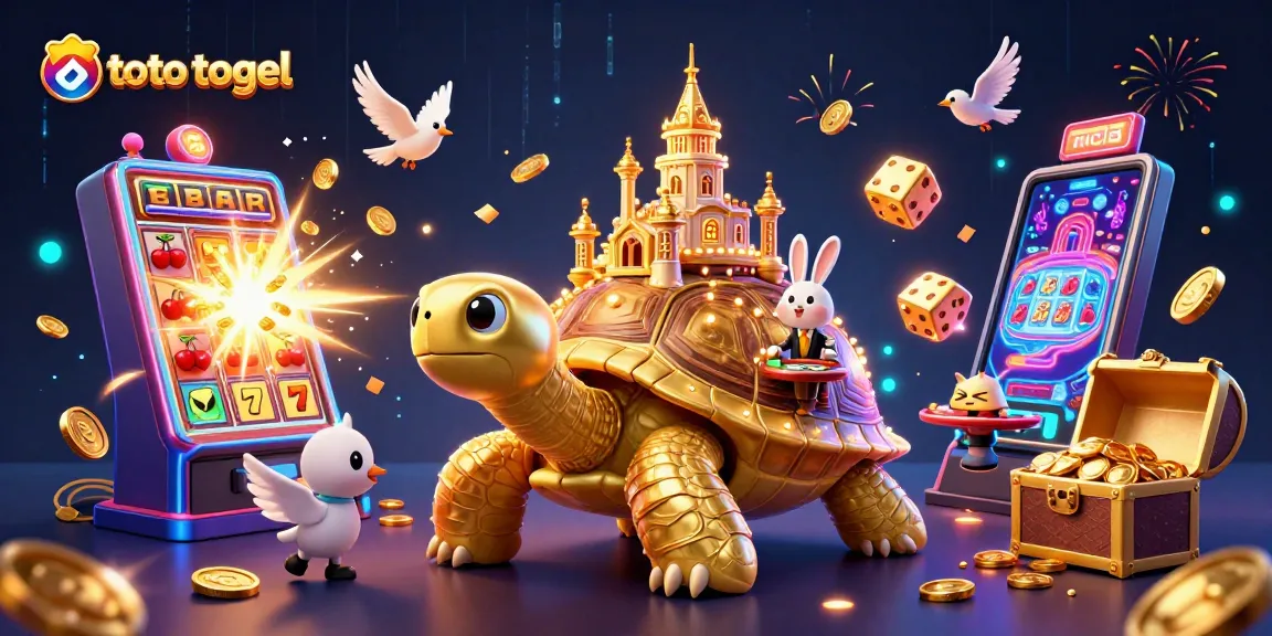 Engage with toto togel through a vibrant casino scene featuring a golden tortoise with a casino palace.