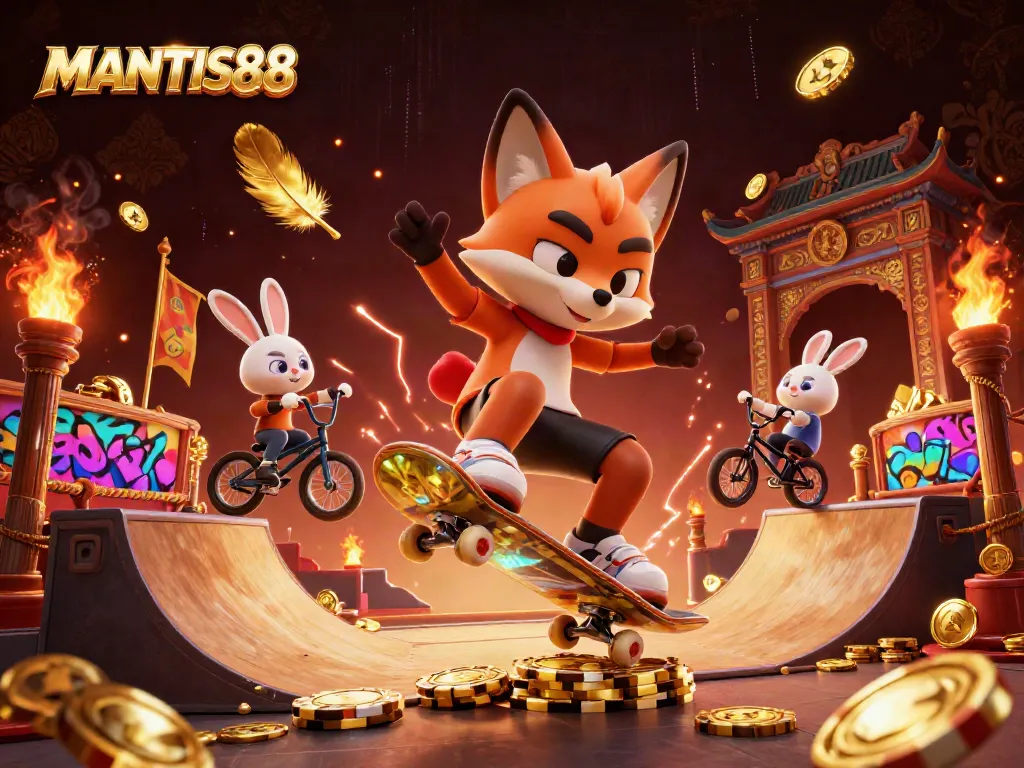 MANTIS88 captures a thrilling 3D scene with a skateboarder fox and BMX rabbit in a dynamic casino environment.