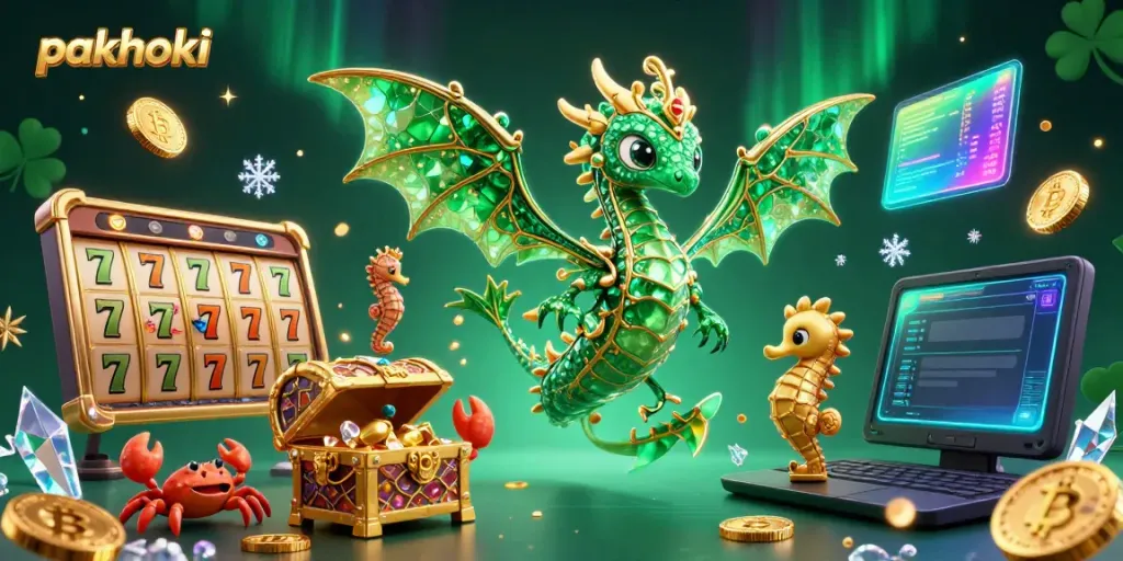 Slot permainan pakhoki dengan naga laut 3D dan koin crypto berkilau yang menyebar