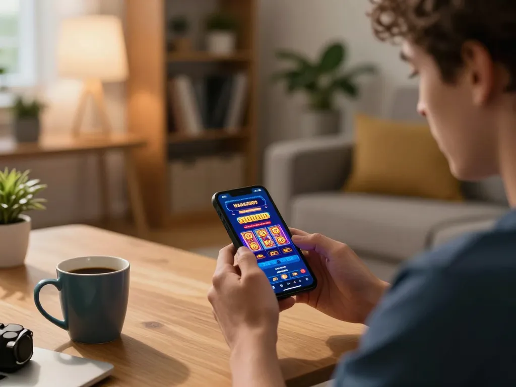 NAGA2000 user enjoying casino slots on smartphone in cozy home environment