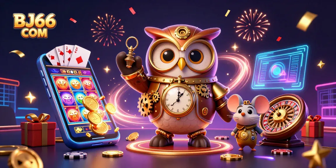Experience dynamic gambling thrills with BJ66 COM featuring steampunk owl and casino games.