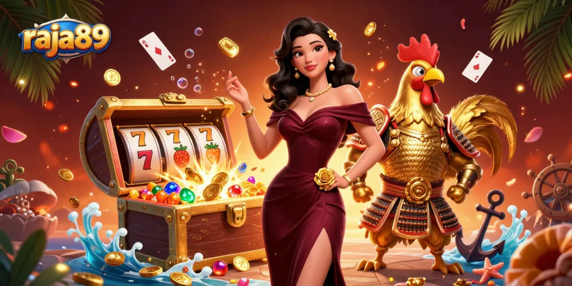 Engage in thrilling gaming action with raja89, featuring a glamorous character amid a vibrant slot scene.