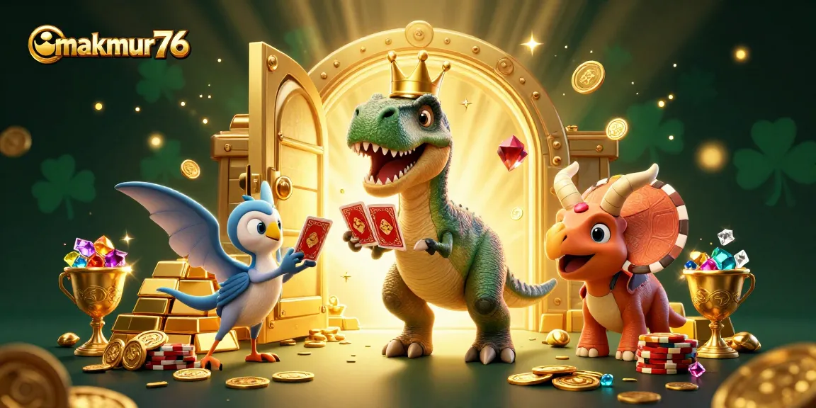 makmur76 brings thrilling casino action as a T-Rex shuffles cards, surrounded by treasure and excitement.
