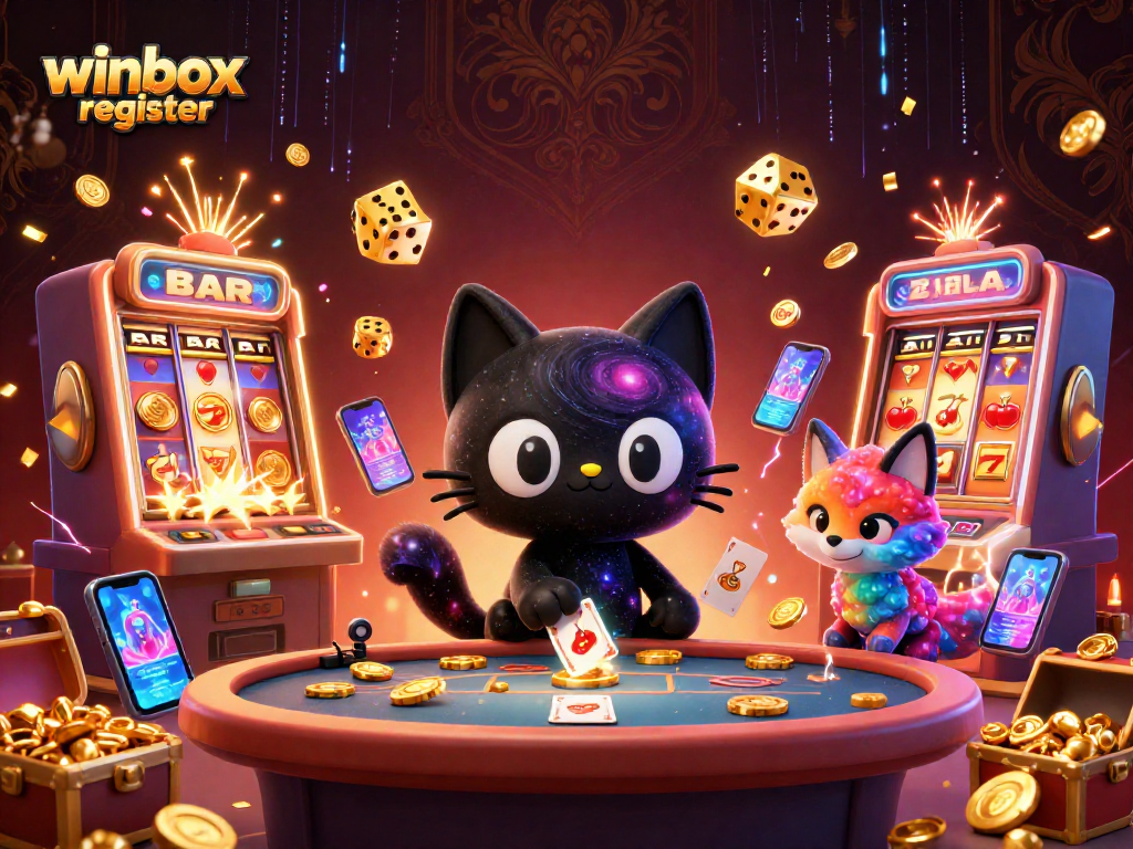 Winbox register at a cosmic casino with vibrant characters and dynamic gaming elements.